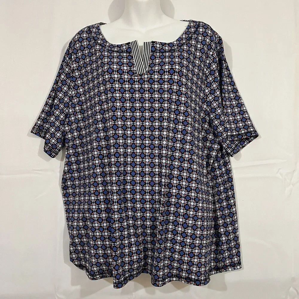 Talbots Blouse Shirt V Neck Top Geometric Red Blue Black White NWT $70 2XL 0728